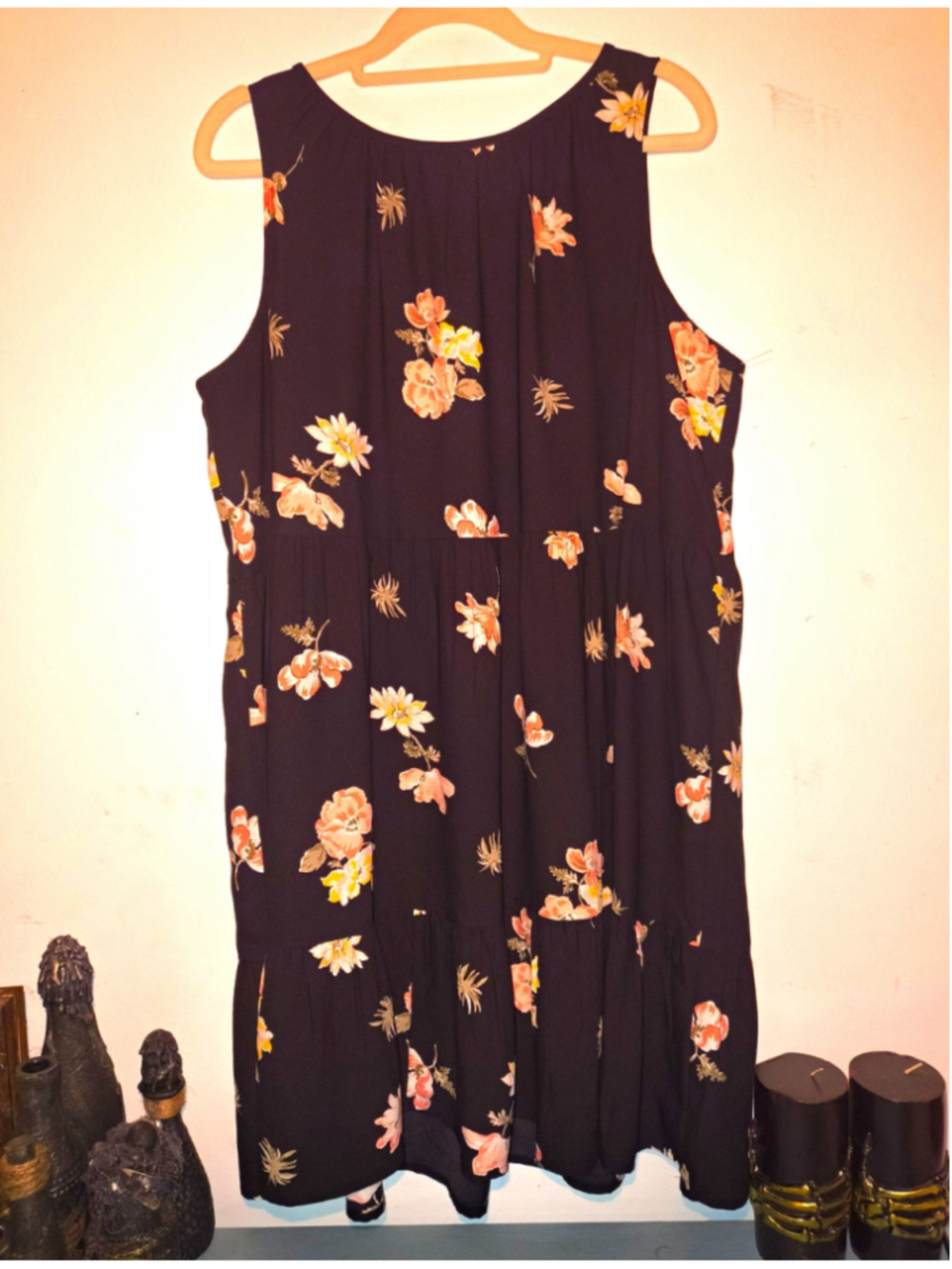 LOFT Black Floral Layered A-Line Dress L Sleeveless Round Neck Knee Length
